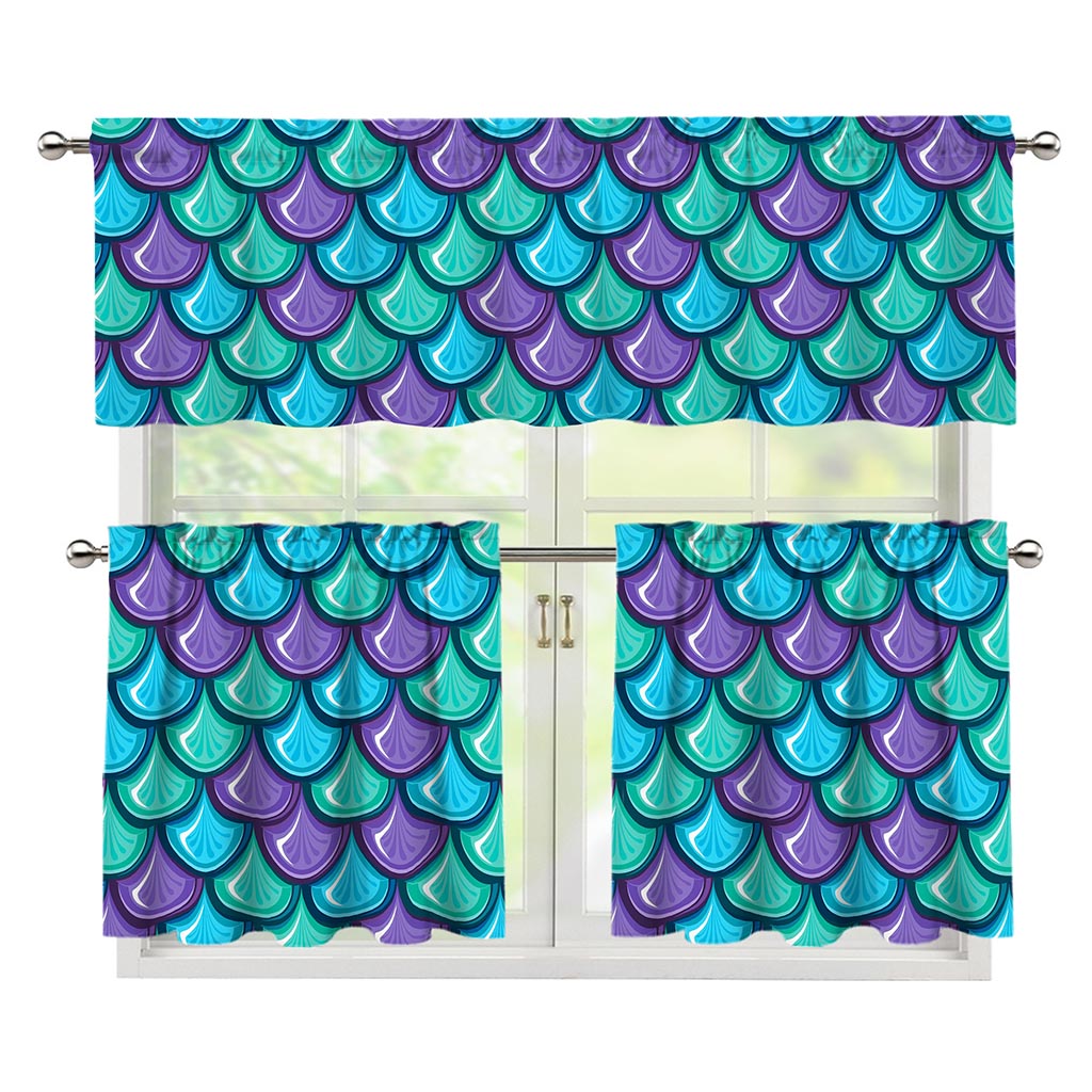 Teal Mermaid Scales Pattern Print 3 Piece Kitchen Curtains