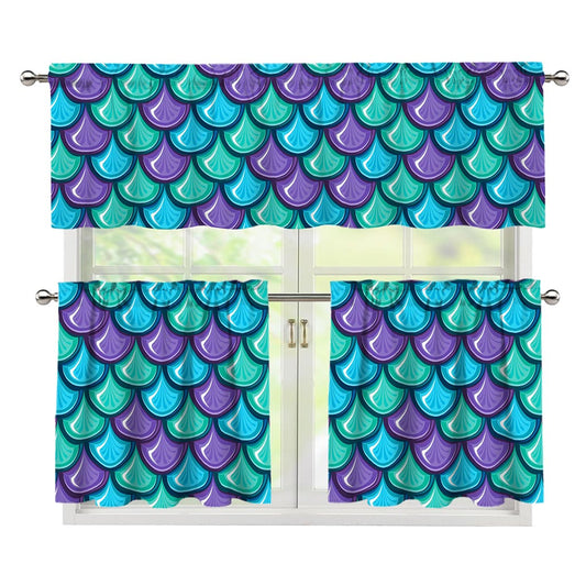 Teal Mermaid Scales Pattern Print 3 Piece Kitchen Curtains