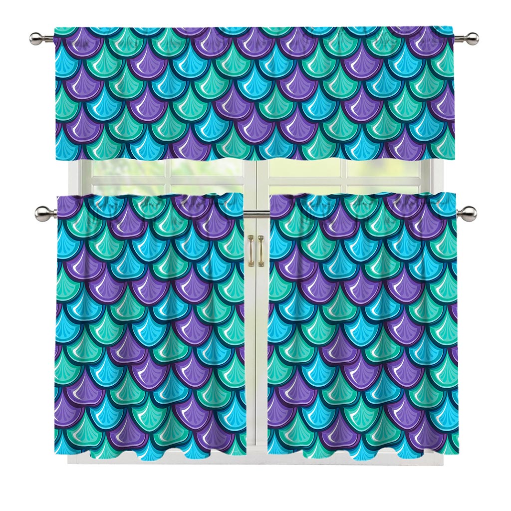Teal Mermaid Scales Pattern Print 3 Piece Kitchen Curtains