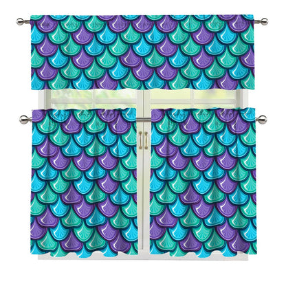 Teal Mermaid Scales Pattern Print 3 Piece Kitchen Curtains