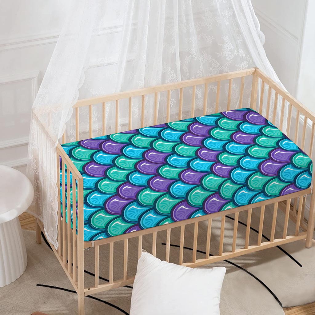 Teal Mermaid Scales Pattern Print Baby Crib Sheet