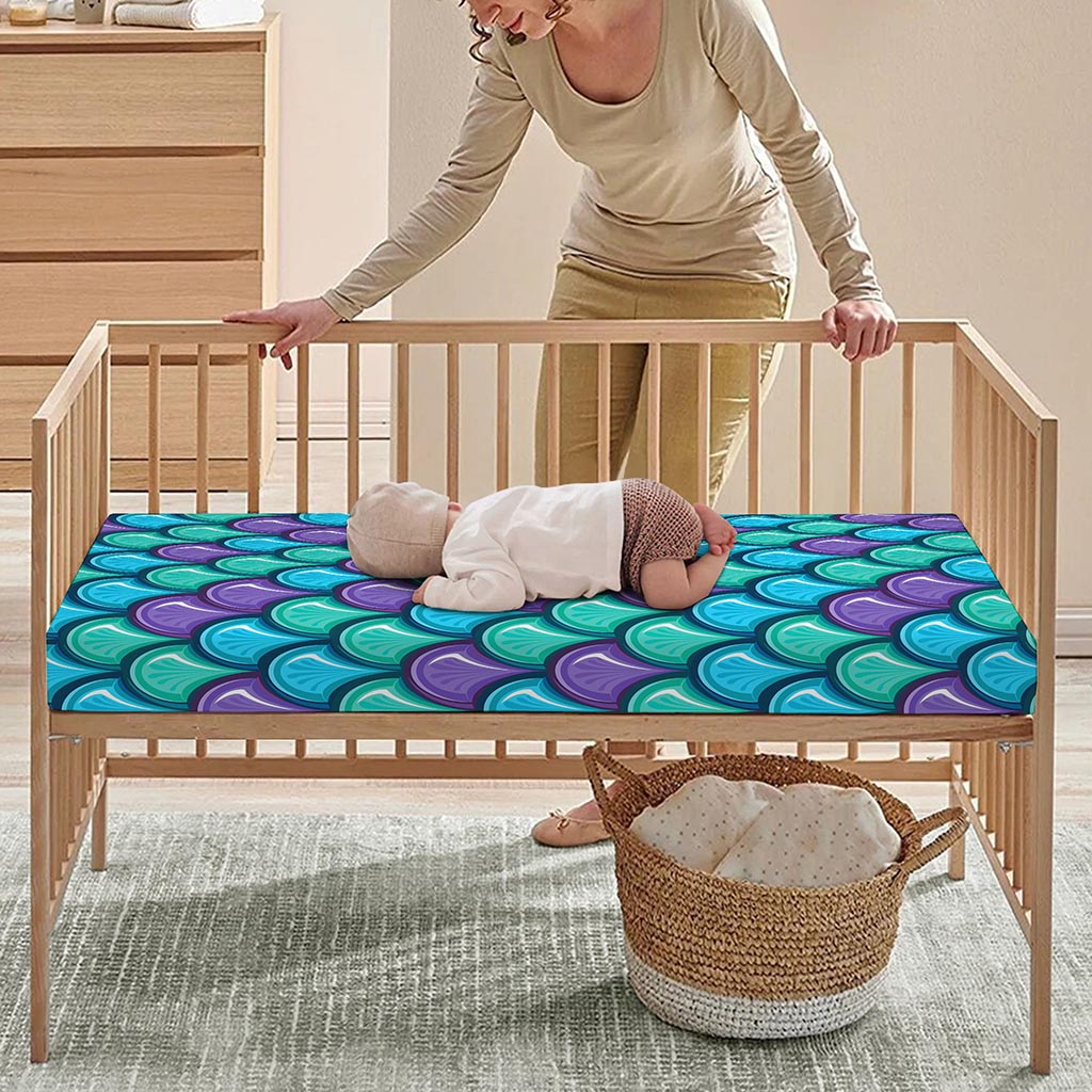 Teal Mermaid Scales Pattern Print Baby Crib Sheet