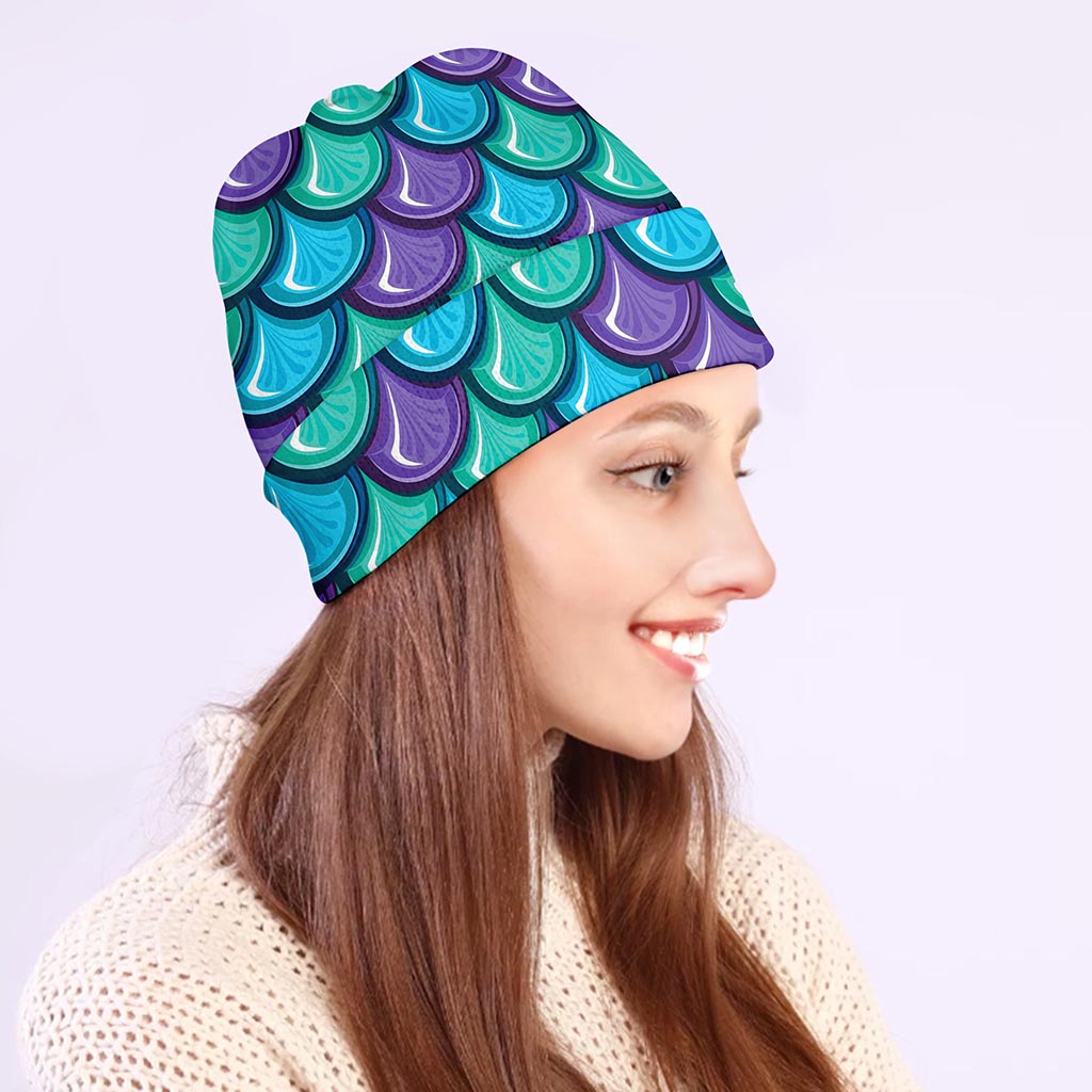 Teal Mermaid Scales Pattern Print Beanie