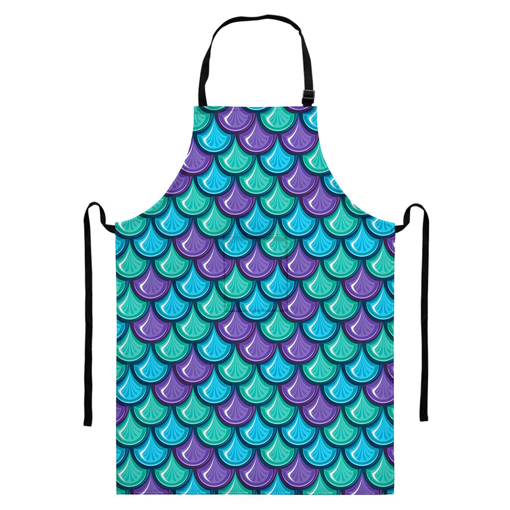 Teal Mermaid Scales Pattern Print Bib Apron With Pocket
