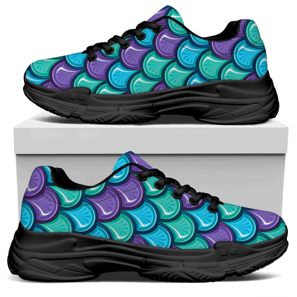Teal Mermaid Scales Pattern Print Black Chunky Shoes