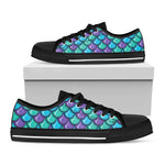 Teal Mermaid Scales Pattern Print Black Low Top Sneakers