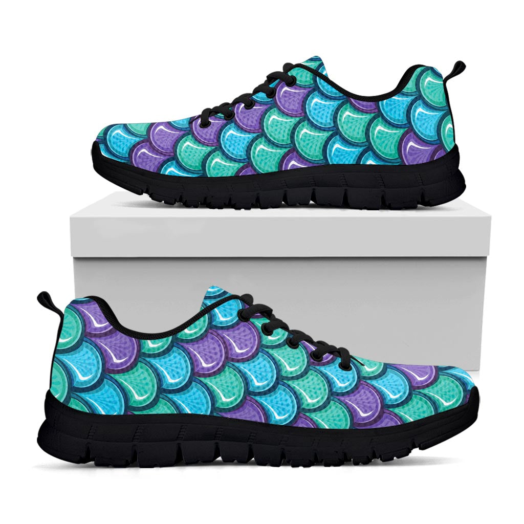 Teal Mermaid Scales Pattern Print Black Running Shoes