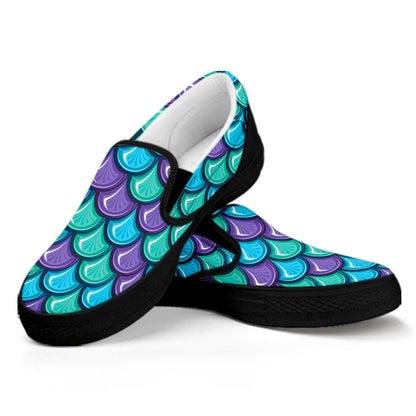 Teal Mermaid Scales Pattern Print Black Slip On Sneakers
