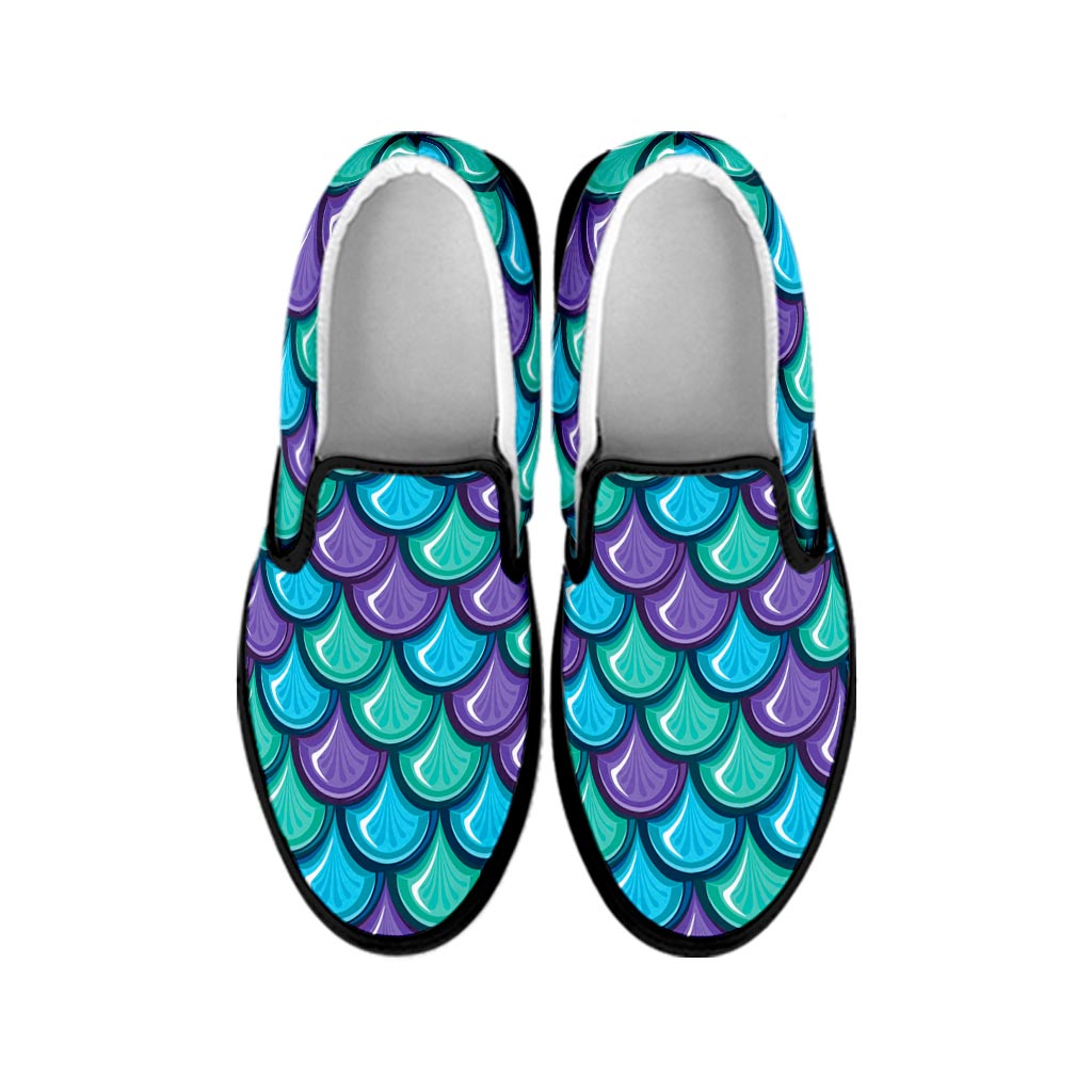 Teal Mermaid Scales Pattern Print Black Slip On Sneakers
