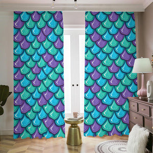 Teal Mermaid Scales Pattern Print Blackout Pencil Pleat Curtains