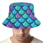 Teal Mermaid Scales Pattern Print Bucket Hat