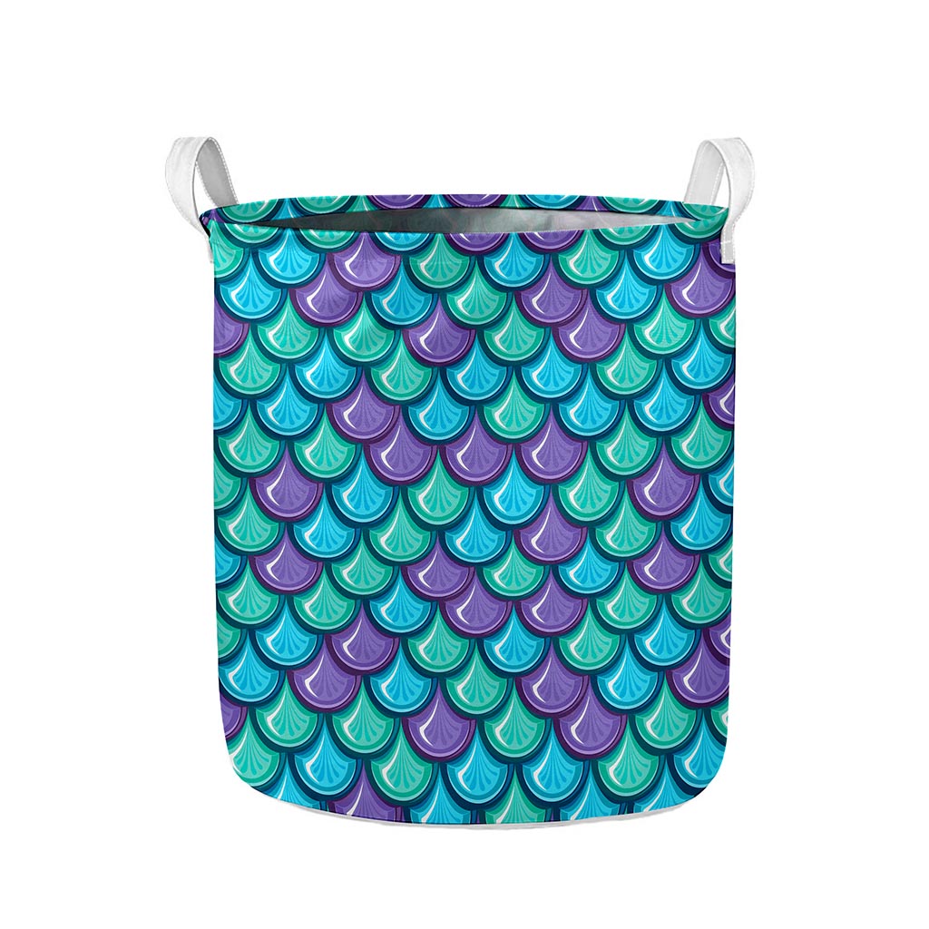 Teal Mermaid Scales Pattern Print Collapsible Laundry Basket