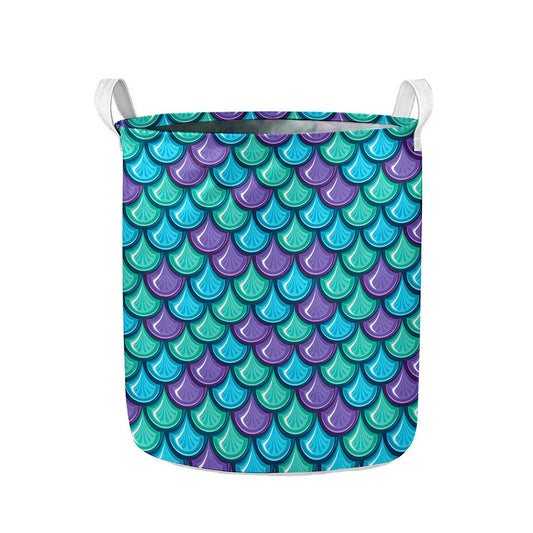 Teal Mermaid Scales Pattern Print Collapsible Laundry Basket