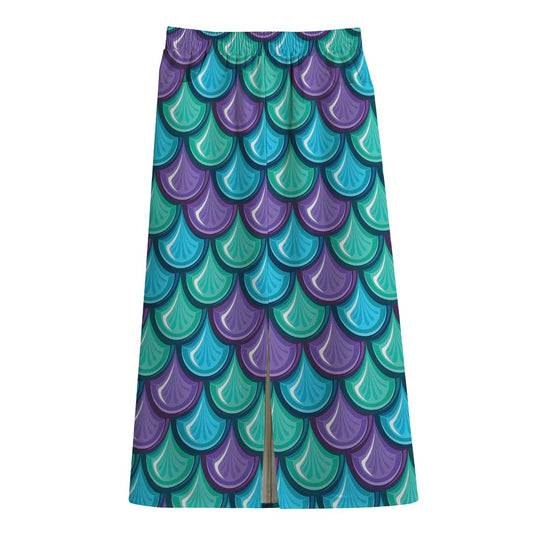 Teal Mermaid Scales Pattern Print Cotton Front Slit Maxi Skirt