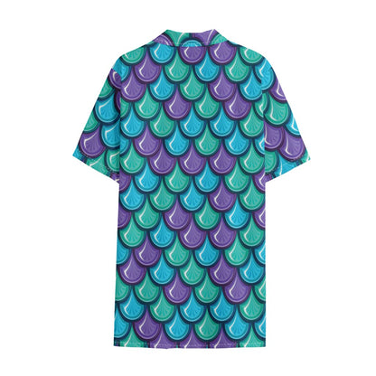 Teal Mermaid Scales Pattern Print Cotton Hawaiian Shirt