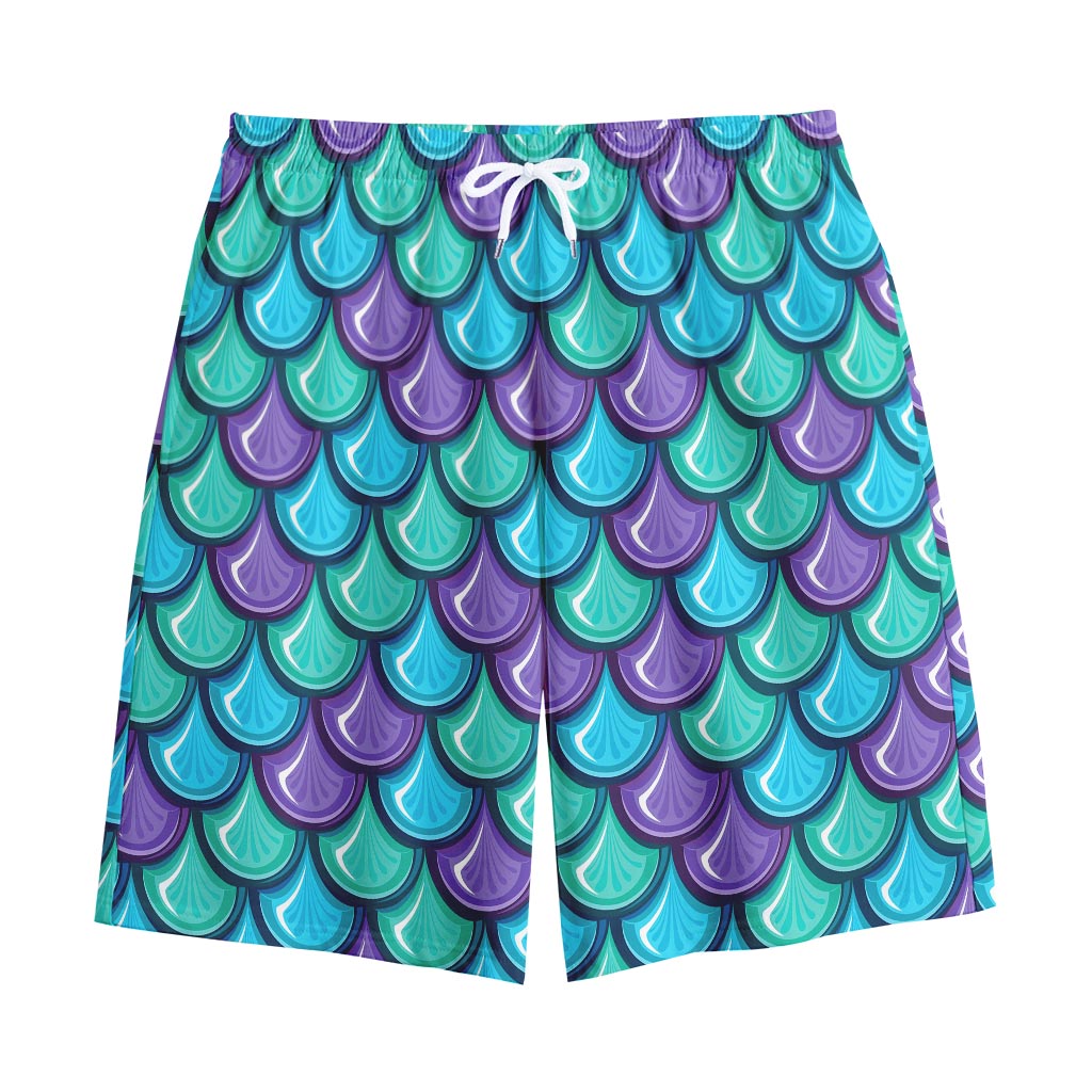Teal Mermaid Scales Pattern Print Cotton Shorts