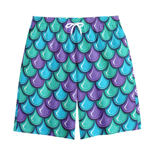 Teal Mermaid Scales Pattern Print Cotton Shorts