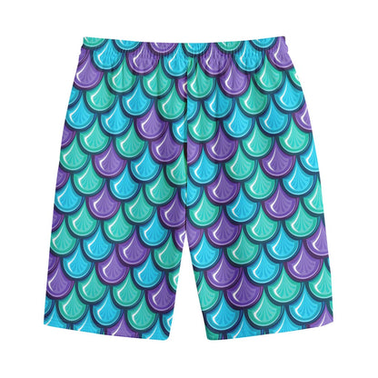 Teal Mermaid Scales Pattern Print Cotton Shorts