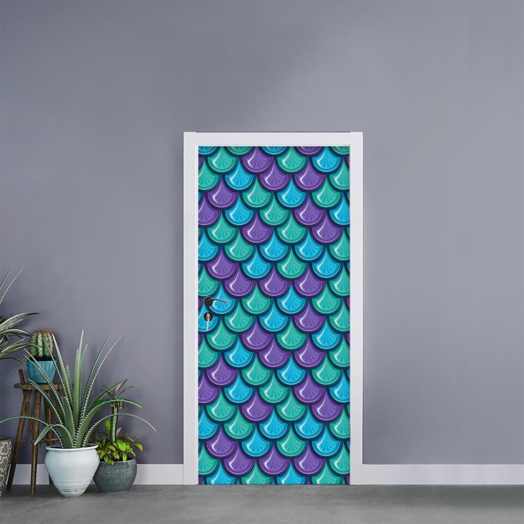 Teal Mermaid Scales Pattern Print Door Sticker