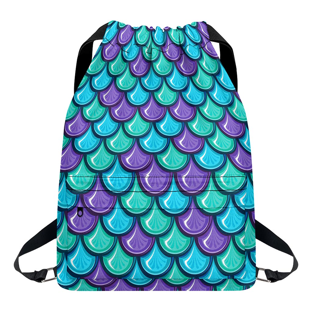 Teal Mermaid Scales Pattern Print Drawstring Backpack