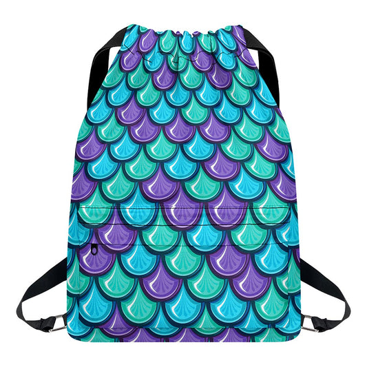 Teal Mermaid Scales Pattern Print Drawstring Backpack