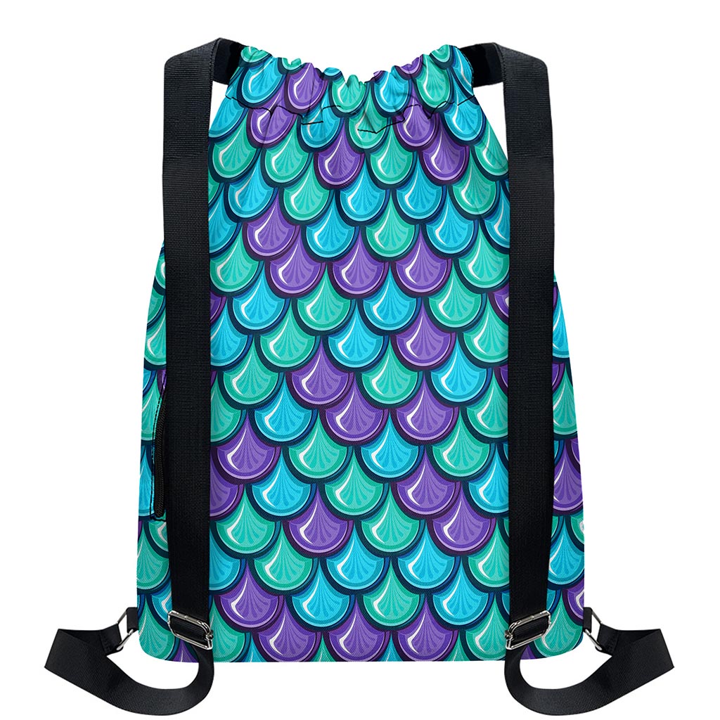 Teal Mermaid Scales Pattern Print Drawstring Backpack