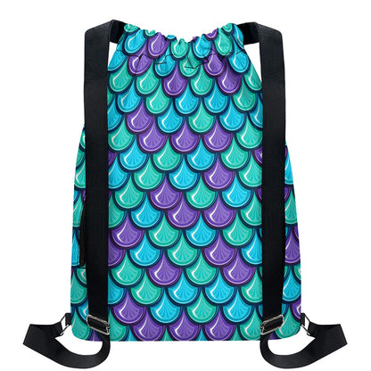 Teal Mermaid Scales Pattern Print Drawstring Backpack