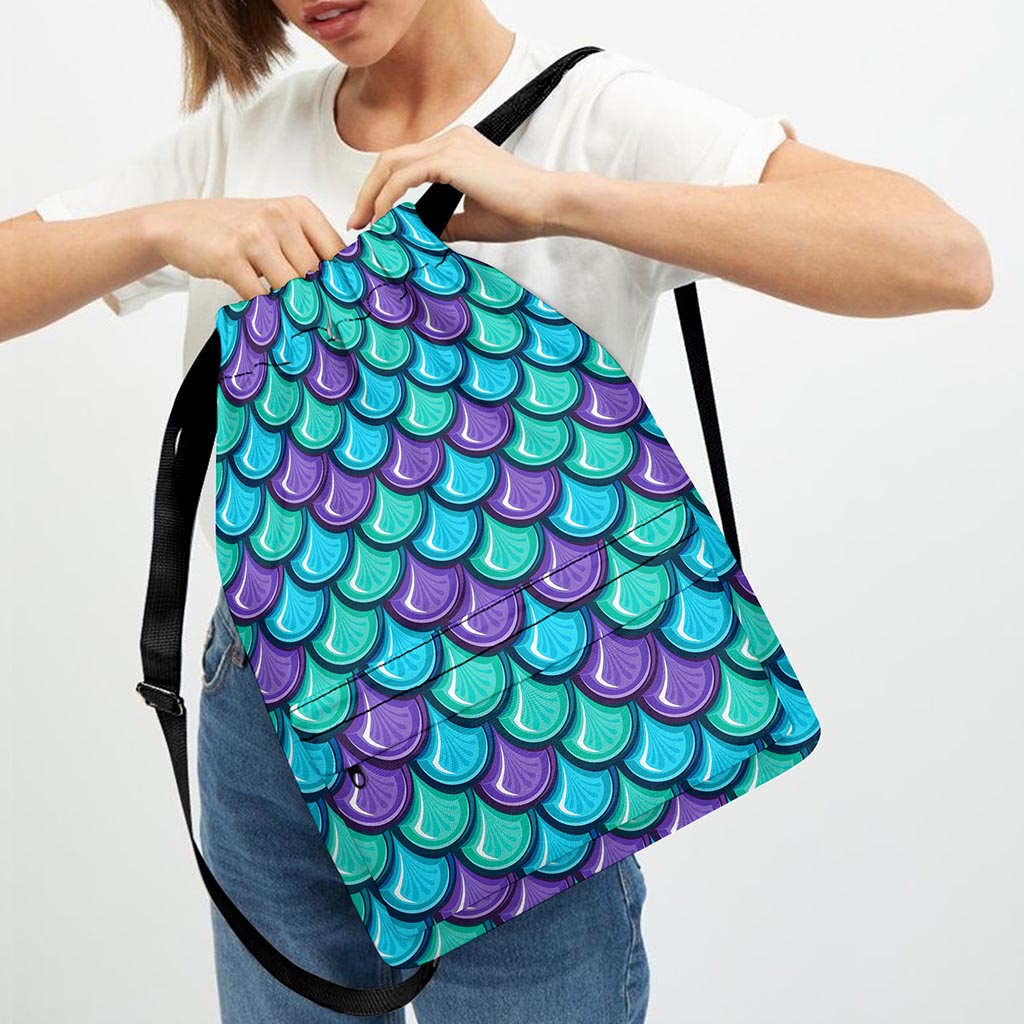 Teal Mermaid Scales Pattern Print Drawstring Backpack
