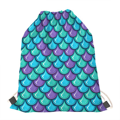 Teal Mermaid Scales Pattern Print Drawstring Bag