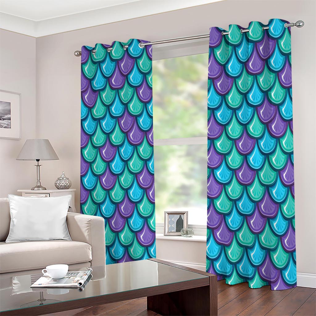 Teal Mermaid Scales Pattern Print Extra Wide Grommet Curtains