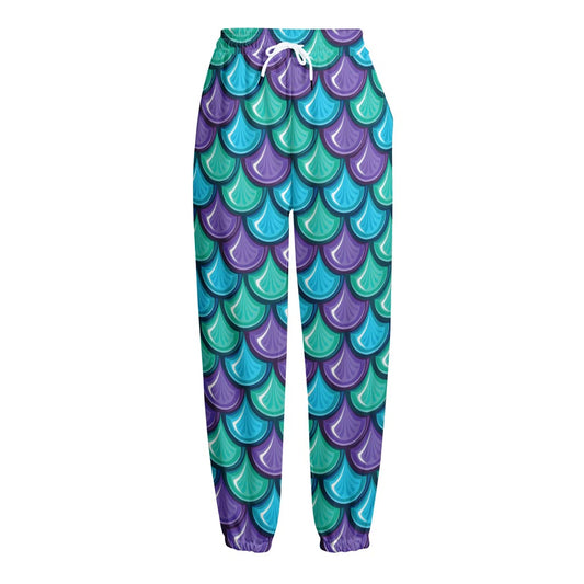 Teal Mermaid Scales Pattern Print Fleece Lined Knit Pants