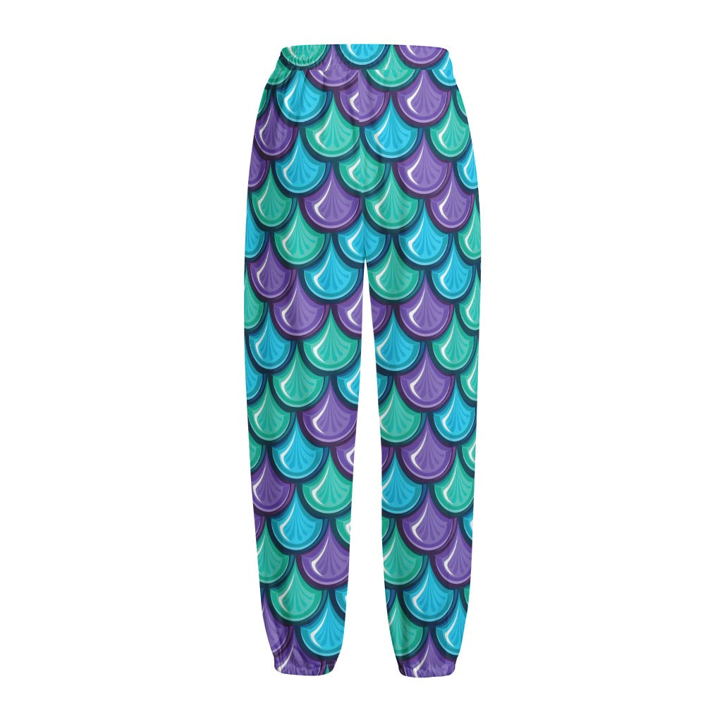 Teal Mermaid Scales Pattern Print Fleece Lined Knit Pants