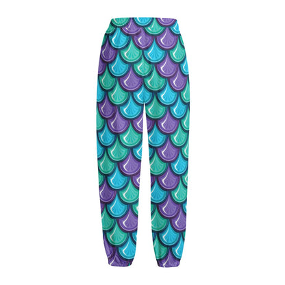 Teal Mermaid Scales Pattern Print Fleece Lined Knit Pants