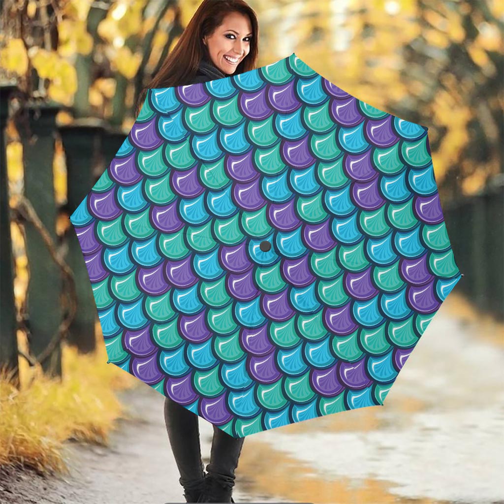 Teal Mermaid Scales Pattern Print Foldable Umbrella