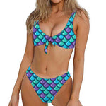 Teal Mermaid Scales Pattern Print Front Bow Tie Bikini