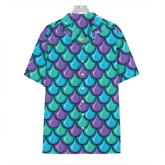 Teal Mermaid Scales Pattern Print Hawaiian Shirt