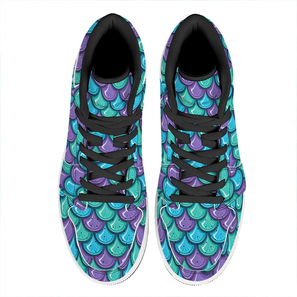 Teal Mermaid Scales Pattern Print High Top Leather Sneakers