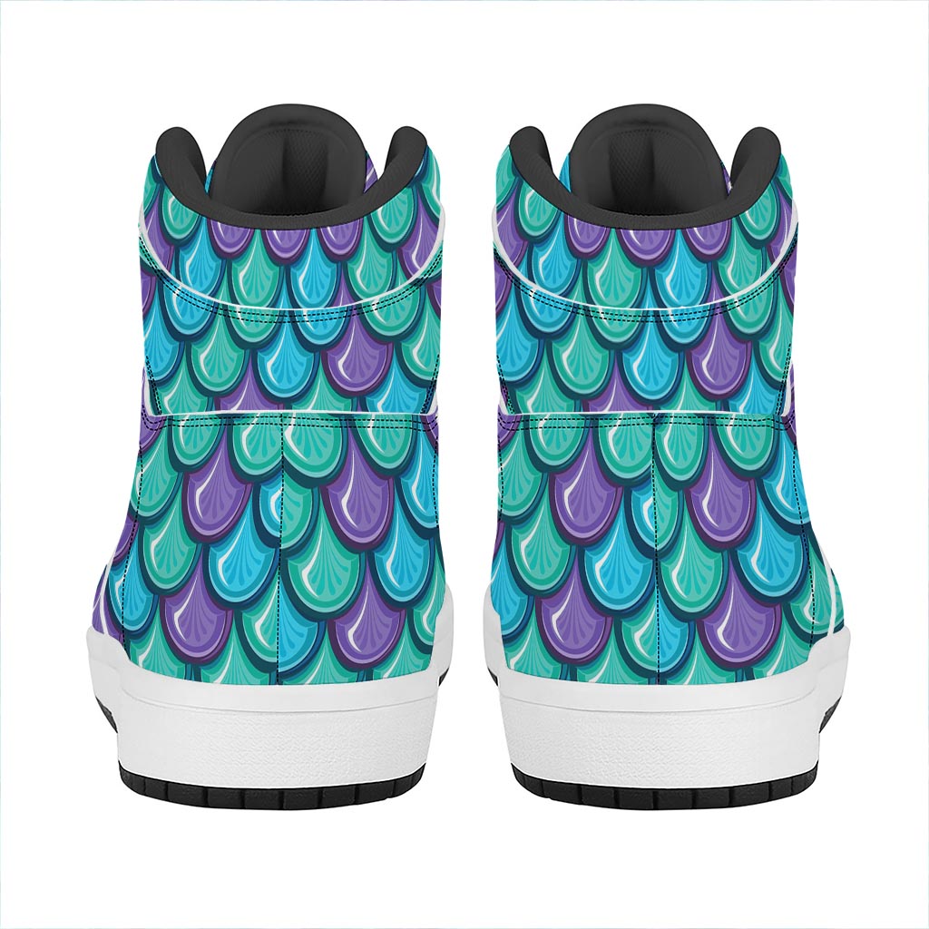 Teal Mermaid Scales Pattern Print High Top Leather Sneakers