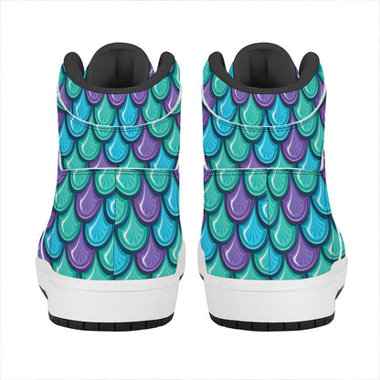 Teal Mermaid Scales Pattern Print High Top Leather Sneakers