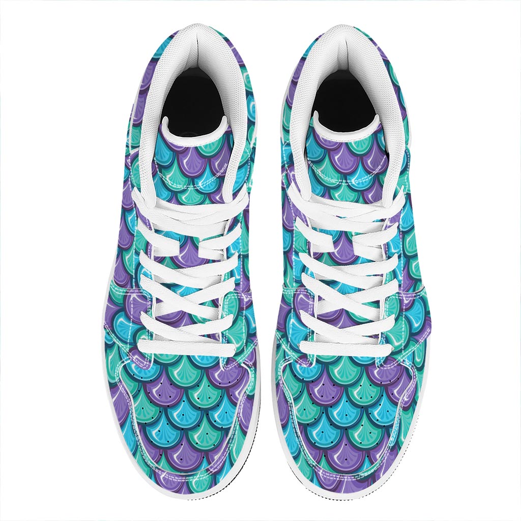 Teal Mermaid Scales Pattern Print High Top Leather Sneakers