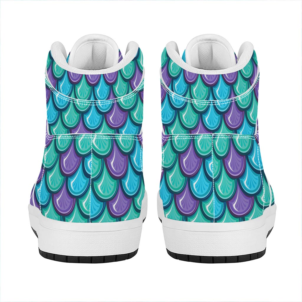 Teal Mermaid Scales Pattern Print High Top Leather Sneakers