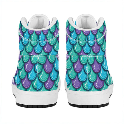 Teal Mermaid Scales Pattern Print High Top Leather Sneakers