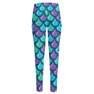 Teal Mermaid Scales Pattern Print High-Waisted Pocket Leggings