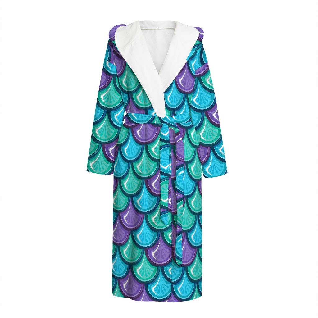 Teal Mermaid Scales Pattern Print Hooded Bathrobe