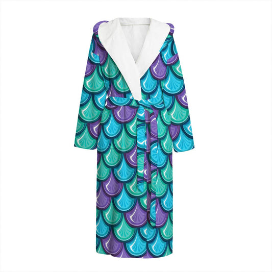 Teal Mermaid Scales Pattern Print Hooded Bathrobe