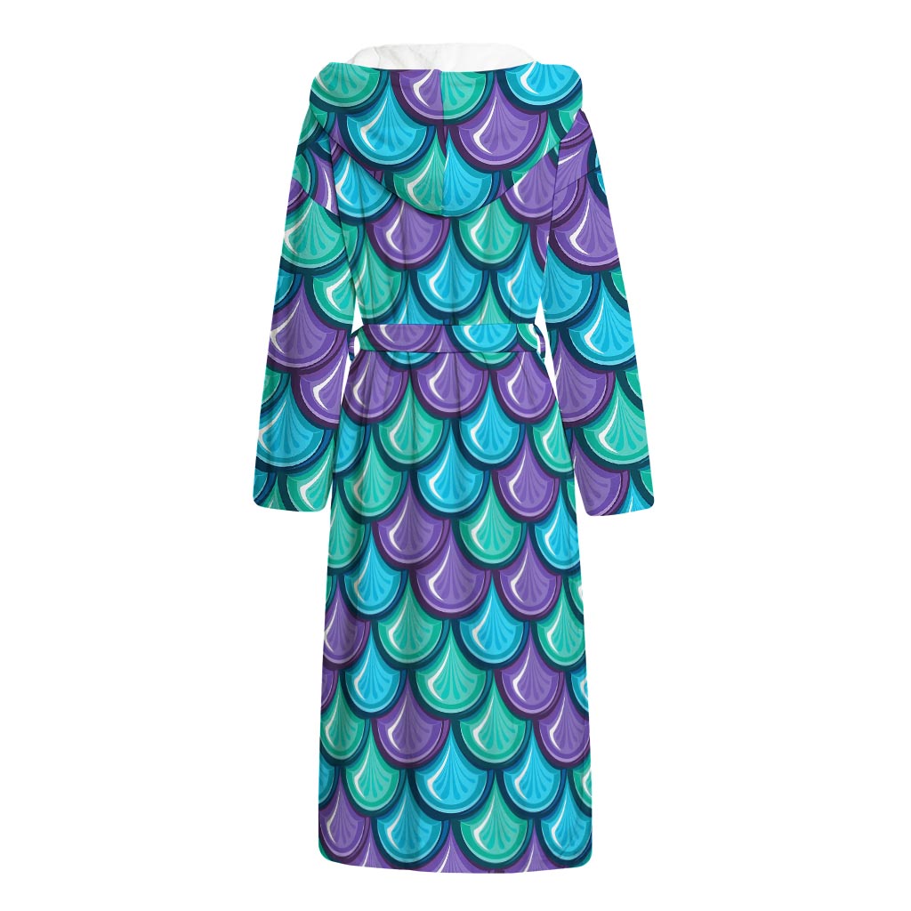 Teal Mermaid Scales Pattern Print Hooded Bathrobe