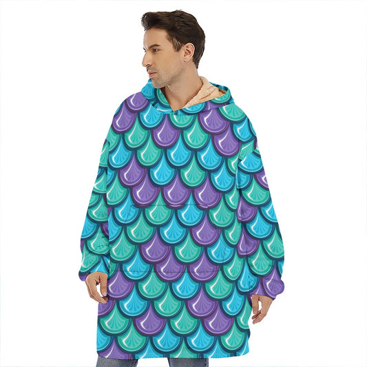Teal Mermaid Scales Pattern Print Hoodie Blanket