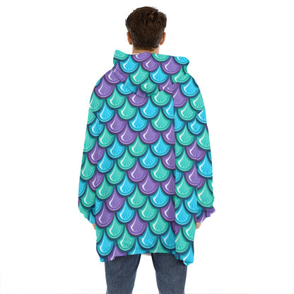 Teal Mermaid Scales Pattern Print Hoodie Blanket