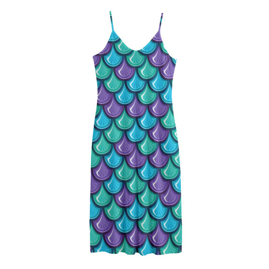 Teal Mermaid Scales Pattern Print Jersey Midi Cami Dress