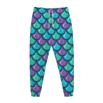 Teal Mermaid Scales Pattern Print Jogger Pants